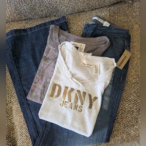Women's DKNY Wide Leg Trouser Fit Jeans With Two DKNY V-neck T-shirts.